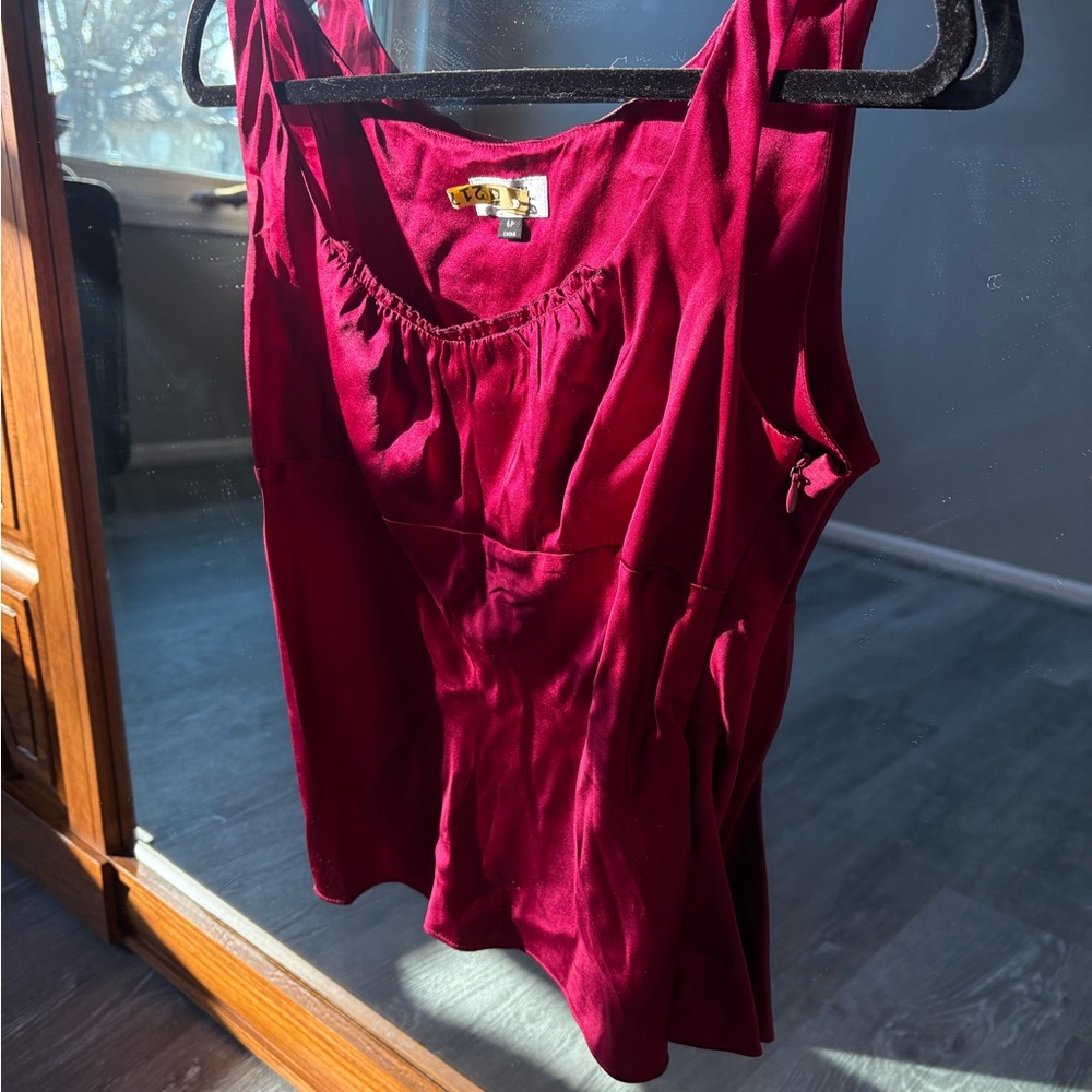 Red silk slip shirt with ruffle detailing